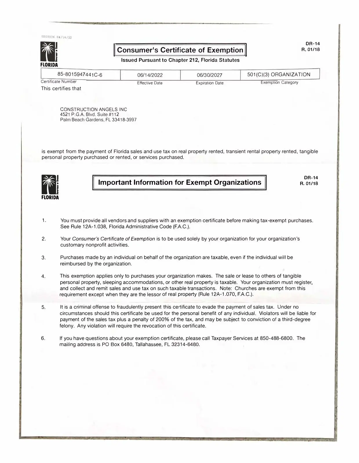 Page 1 of the Construction Angels Consumer's Certificate of Exemption