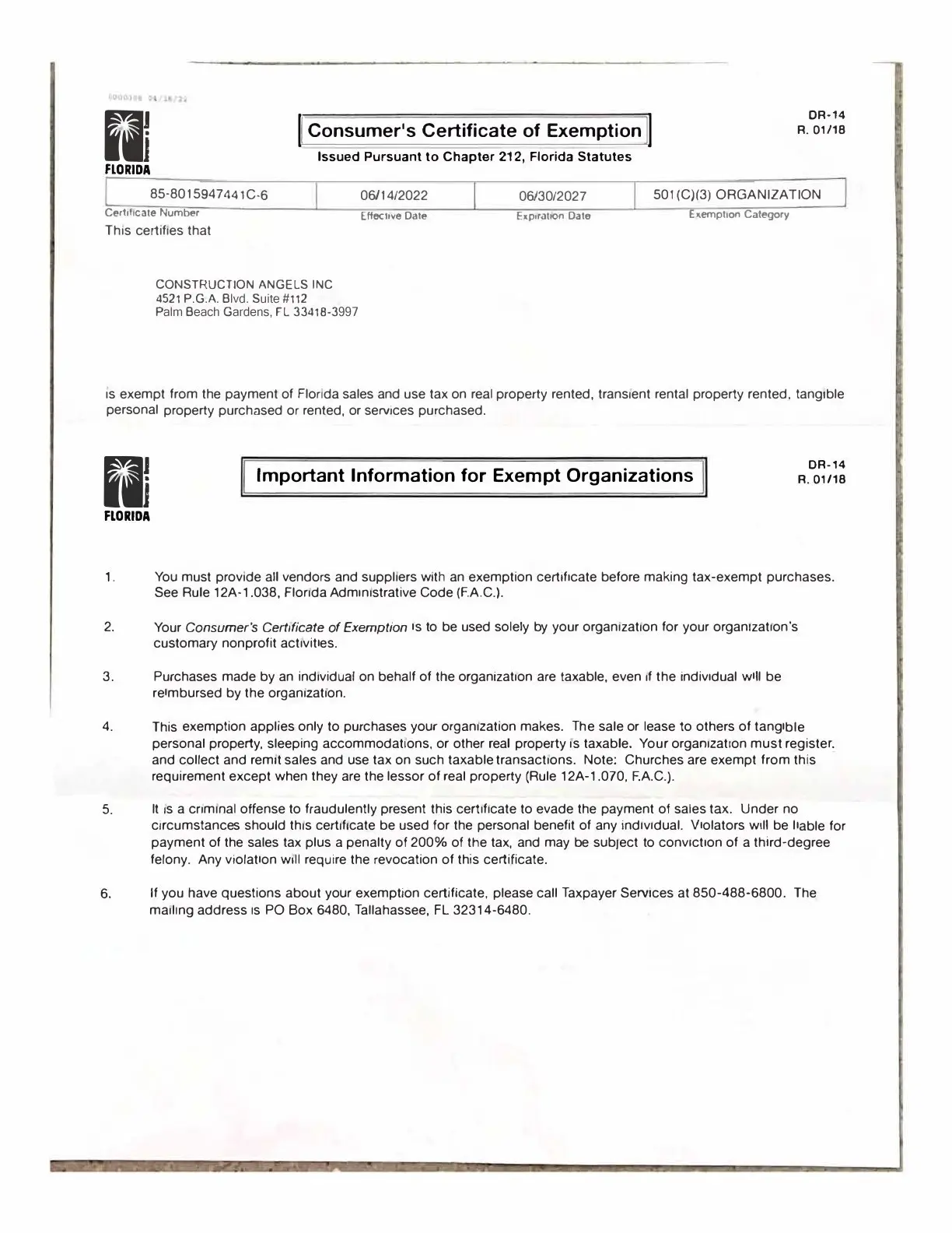 Page 2 of the Construction Angels Consumer's Certificate of Exemption