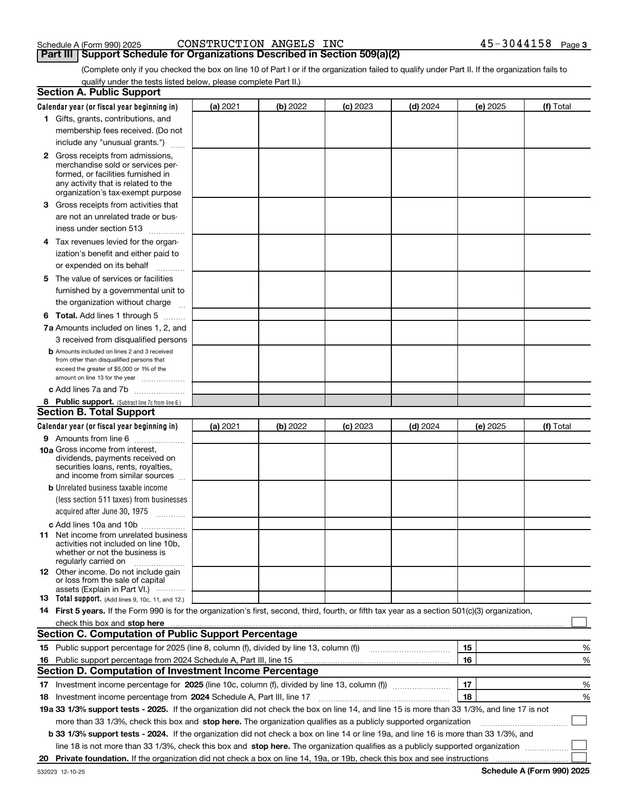 Page 15 of the Construction Angels 2025 Form 990