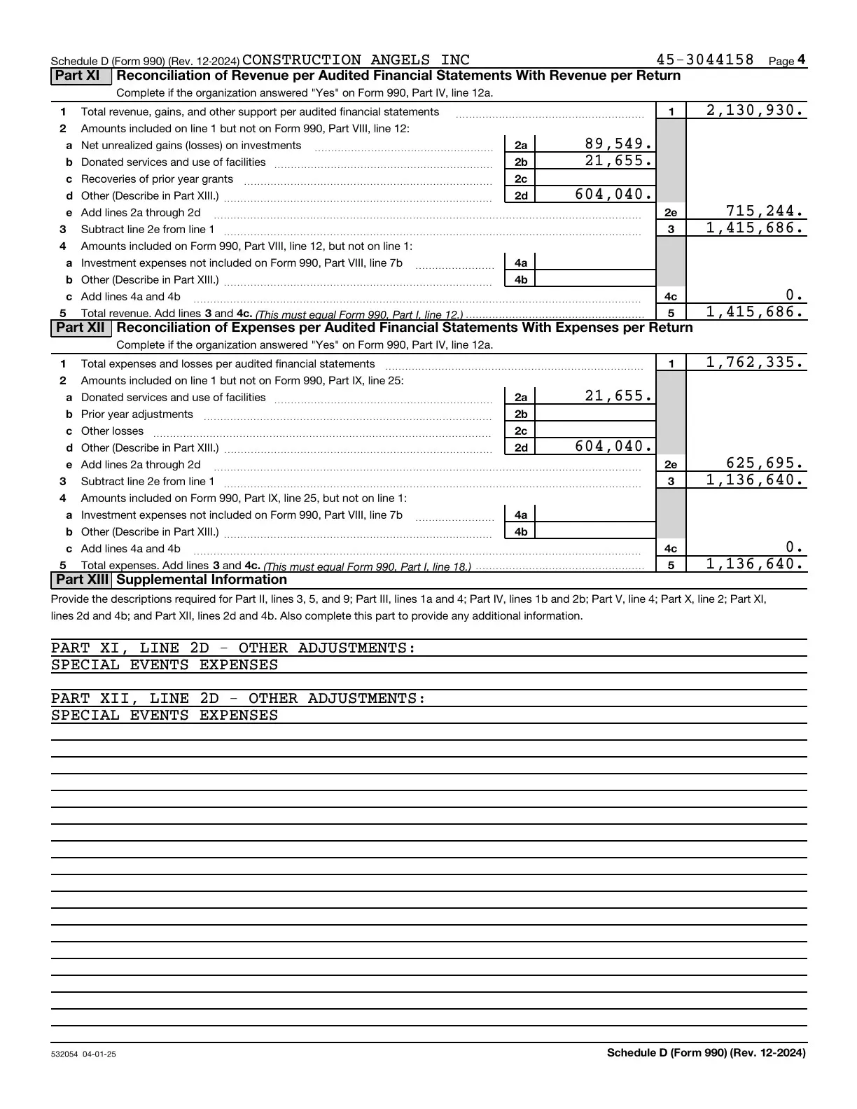 Page 24 of the Construction Angels 2025 Form 990