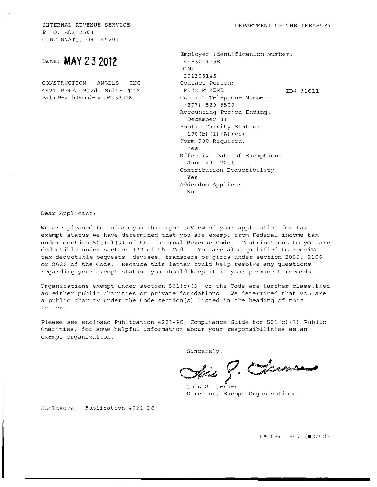 Construction Angels IRS 501(c)(3) tax exempt letter