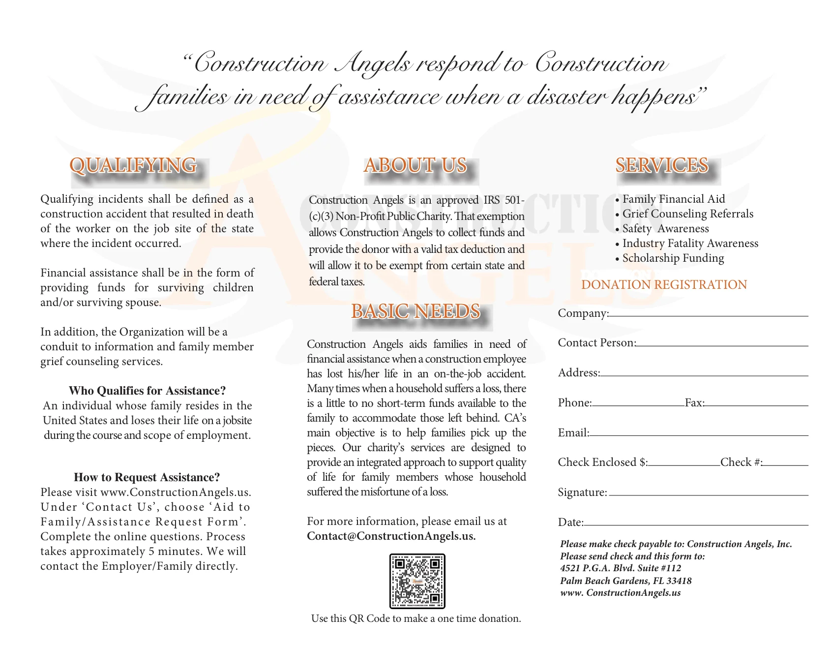 Original Construction Angels mission brochure, back page: qualifying information, basic needs, services, QR code and donation registration