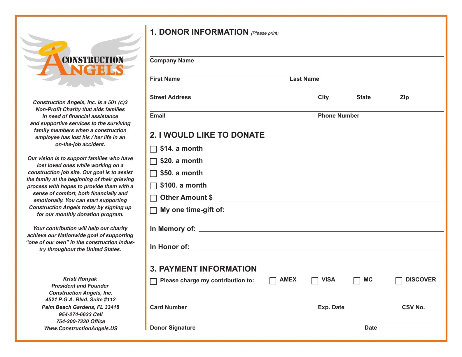 Construction Angels national monthly donation form