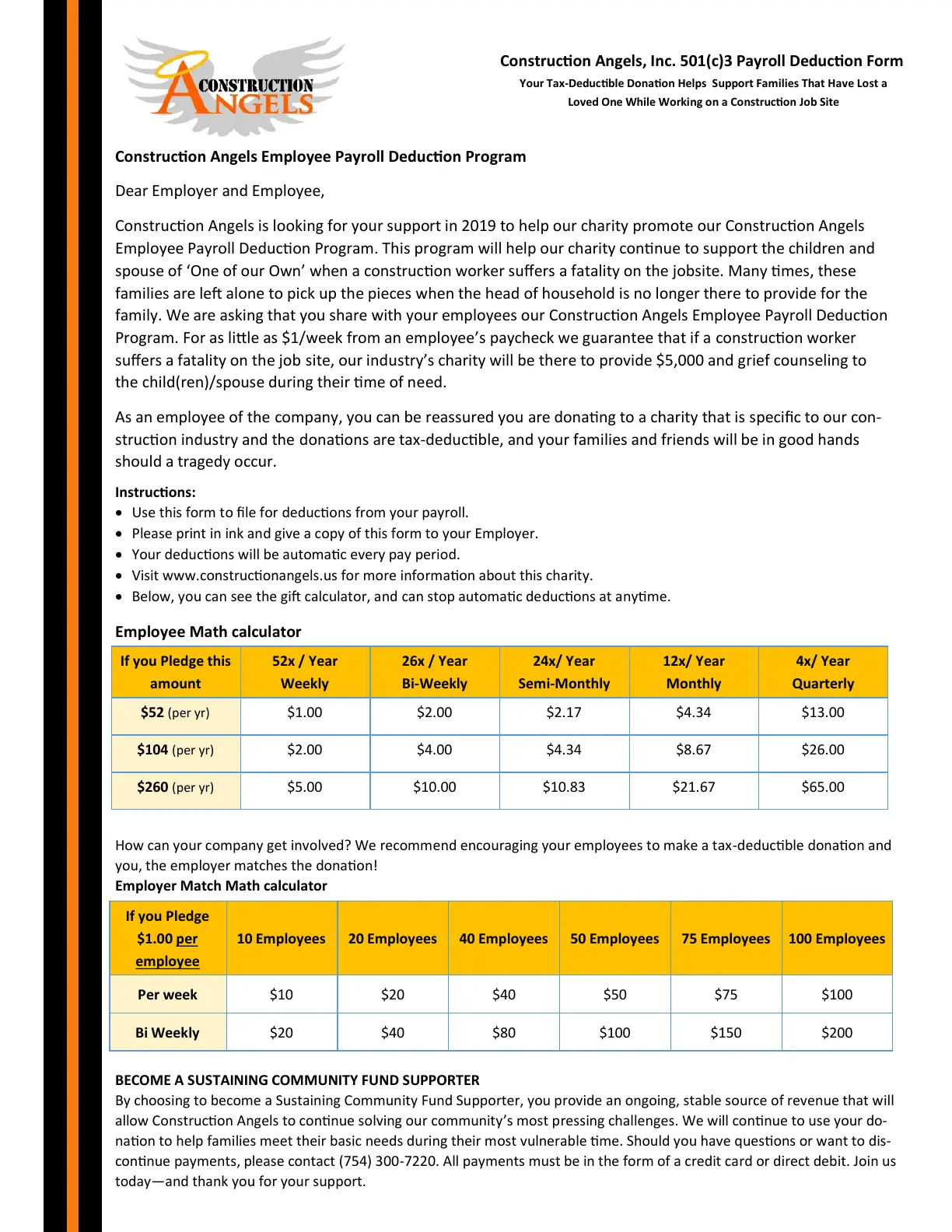 Construction Angels payroll deduction program information and contribution calculators